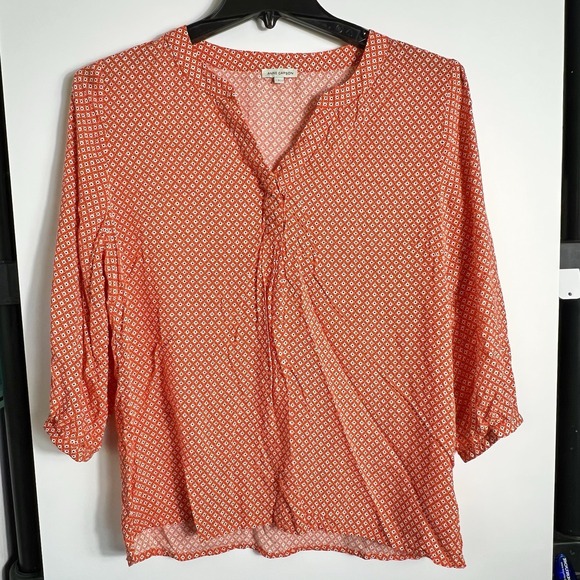 Anne Carson Women's Large Orange Blue White Geometric Print 3/4 Sleeve Blouse - Picture 3 of 8